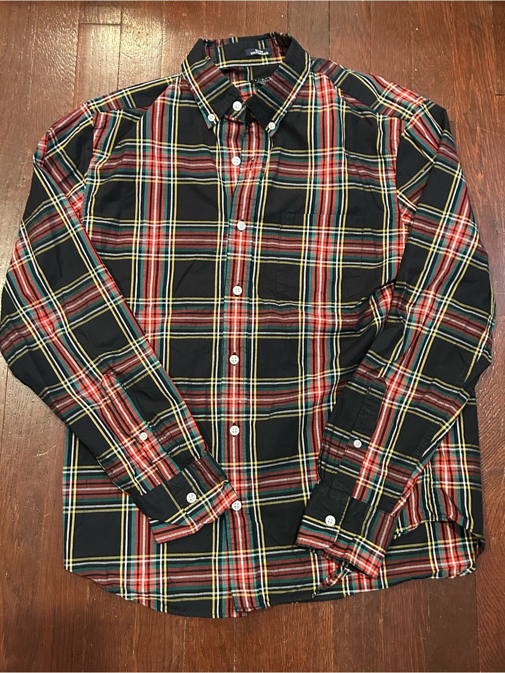 J. Crew Black Plaid Button-Down Shirt with Red and Yellow Stripes